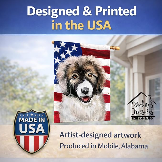 Caroline's Treasures CK6478CHF Carpathian Shepherd Dog American Flag House Flag Large Porch Sleeve Pole Decorative Outside Yard Banner Artwork Wall Hanging, Polyester, House Size, Multicolor