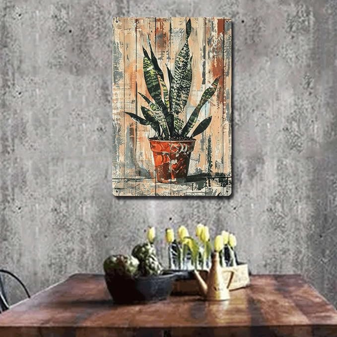 Metal Sign Tin Sign Vintage Wall Art Vintage Snake Plant Tin Sign for Shabby Chic Elements Distressed Wood Art and Robust Plant Di Home Deccor Store Home Decor for Pub 8×12 Inches
