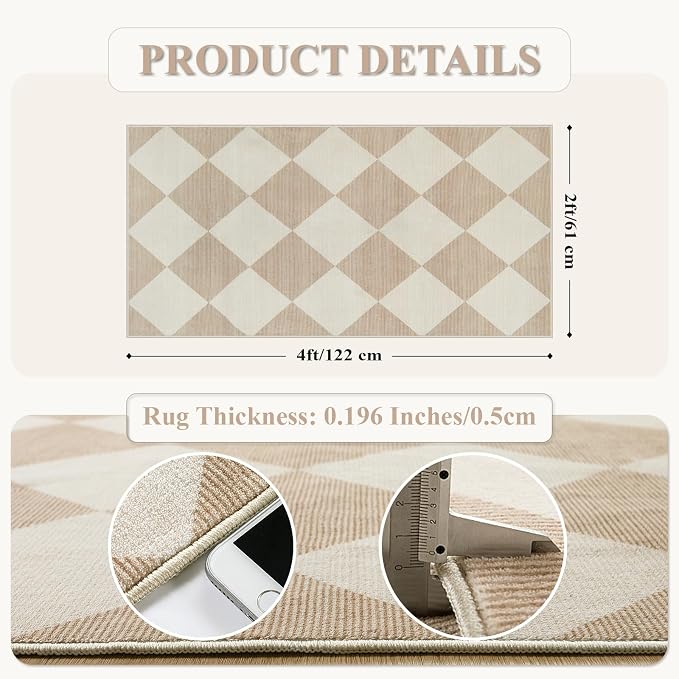 Beeiva Checkered Print Washable Runners for Hallways 2x4, Ultra Thin Beige Small Rugs for Entryway Low Pile Non Slip Bathroom Rug, Modern Geometric Decor Neutral Throw Rug for Kitchen Laundry Bedroom
