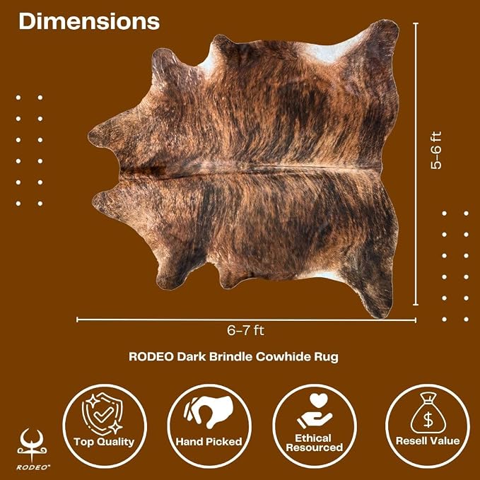 rodeo Genuine Cowhide Rug - Real Cow Hide Rug Large for Living Room & Bedroom - Western Rugs for a Natural Western Home Decor Ambiance - Rustic Cow Print Carpet Decor - 5x7 ft, Brindle