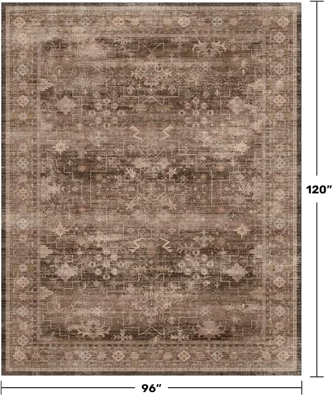 Boho Taupe Brown Living Room Rug 8x10 - Modern Vintage Traditional Eclectic Oriental Neutral, Washable Low Pile Non-Slip Extra Large Area Rugs for Dining Under Table Bedroom Lounge