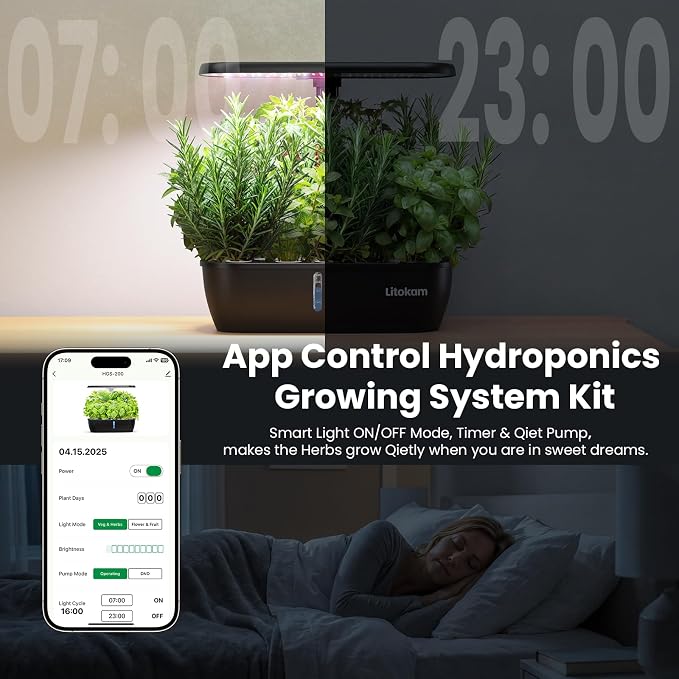 litokam Hydroponics Growing System Kit, 15 Pods Indoor Herb Garden with Smart APP & Quiet Pump, 24W LED Light, Auto Timer, Perfect Indoor Garden for Herbs, Vegetables & Flowers, Ideal for Plant Lovers