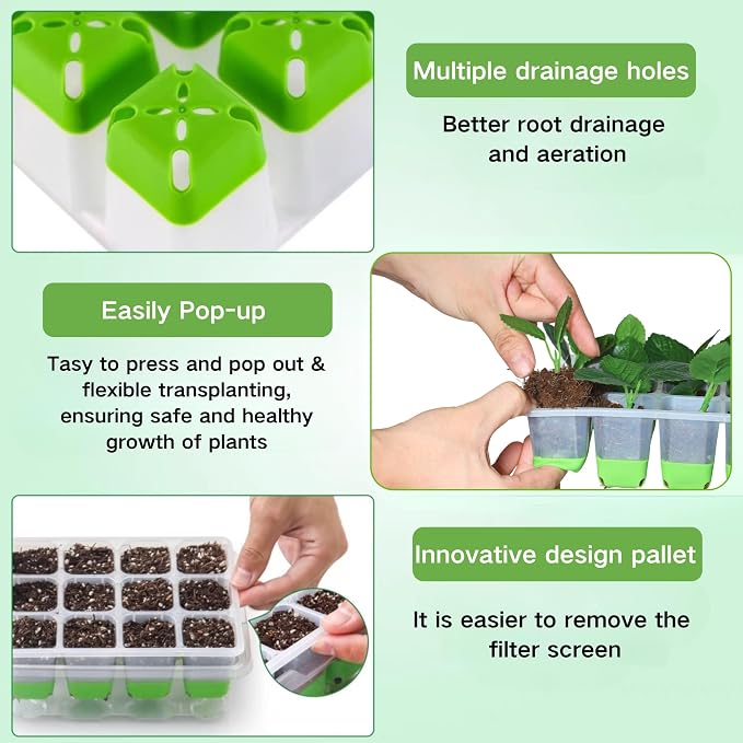 Seed Starter Tray,5-Pack Reusable Silicone Seed Starter Tray with 5 Base Trays,Foldable Design for Easy Transplanting,Indoor Gardening Supplies for Vegetables, Flowers & Herbs,60 Cells Total