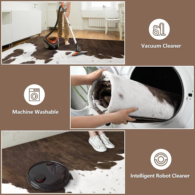 DweIke Cow Print Rug – 4x6 Faux Cowhide Carpet, Washable Soft Non-Slip Stain Resistant Animal Cow Hide Rugs for Living Room Bedroom Dining Room Office, Western Home Decor, Brown