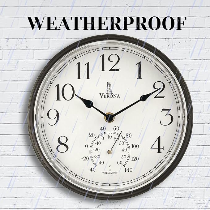 Outdoor Clocks for Patio Waterproof with Thermometer — Black 9.5 Inch Indoor Outdoor Wall Clock with Temperature Display — Weatherproof, Accurate & Easy to Read for Pool, Garden & Home Decor