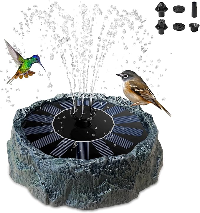 Solar Powered Bird Bath Fountain with Rock Texture, High-Strength Plastic Outdoor Birdbath, 6 Spray Patterns Solar Fountain Pump, Decorative Water Feature for Garden Decor 7.8" DarkGreen