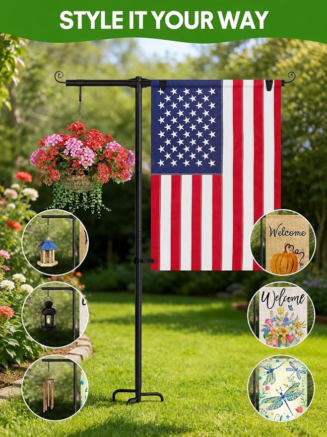 Garden Flag Stand Holder with Shepherd Hooks, 3/4 Inch Extra Thick Heavy Duty Yard Flag Holder for Small Flag 12x18, 52 Inch Garden Flag Pole for Outside (Solar Lights & Flag Not Included)