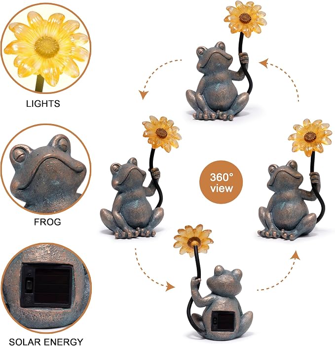 basen Solar Frog Statue with Glowing Sunflower Light, Outdoor Garden Frog Figurine Decor for Yard Lawn Patio, Resin Solar Animal Sculpture with LED Light for Garden Landscape, Gift for Mom Grandma