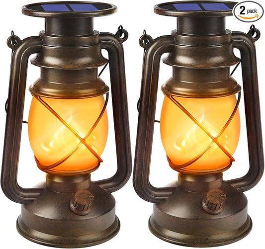 Solar Lanterns Outdoor Waterproof, 2 Pack Bronze Flickering Flame Lights | Vintage LED Hanging Lantern, Outdoor Decorative Lights for Patio, Porch, Garden, Yard, Pathway, Camping