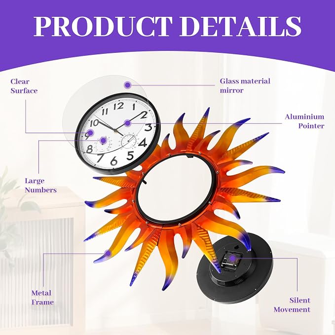 Large Sun Outdoor Clock with Thermometer & Hygrometer Combo, Silent No-Ticking Indoor Outdoor Wall Clock, Waterproof Quartz Clock for Patio,Kitchen, Living Room,Bathroom,Garden，25 Inch Violet