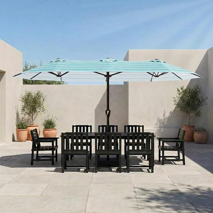 15FT Large Patio Umbrella with Base Included, Double Sided Outdoor Market Umbrella with Flexible Fiberglass Ribs, UV-Blocking Extra Large Umbrella for Garden, Pool, Deck, Green Stripes