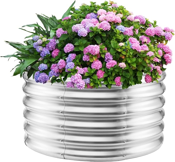 YSEJOMP 17" Tall Round Outdoor Garden Raised Garden Bed Kits-0.8MM Thick Metal Raised Planter Bed/Ground Planter Box for Variety of Flowers,Herbs,Vegetables,Trees (Silver, 32 Dia X 16.5 inches)