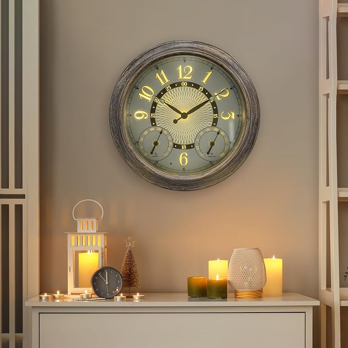 Pytha Sight Illuminated Large Metal Outdoor Clocks Waterproof 15 Inches with AI Auto Light Smart Sensor,Large Indoor Outdoor Wall Clocks with Thermometer & Hygrometer for Patio, Pool, Garden,Porch