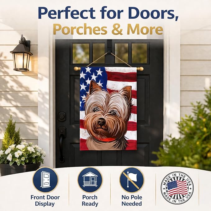 Caroline's Treasures CK6760CHF Yorkshire Terrier American Flag House Flag Large Porch Sleeve Pole Decorative Outside Yard Banner Artwork Wall Hanging, Polyester, House Size, Multicolor