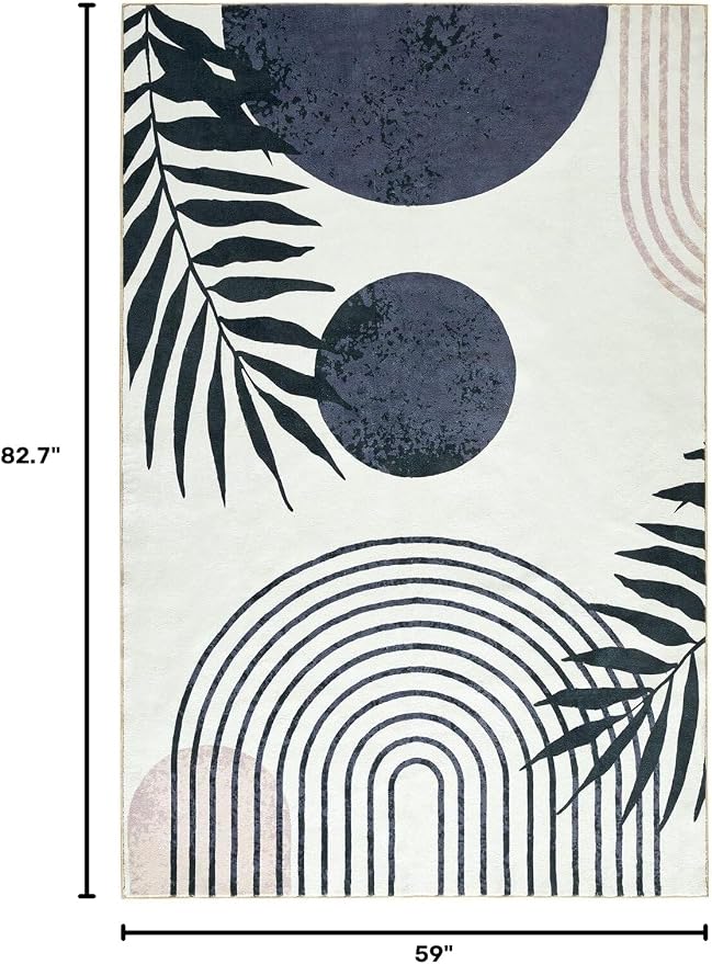 RoomTalks Mid Century Modern Living Room Rug Washable 5x7 Rug, Black Boho Cute Aesthetic Area Rugs Carpet for Bedroom Dining Room Office, Vintage Abstract Leaves Thin Indoor Entryway Carpet