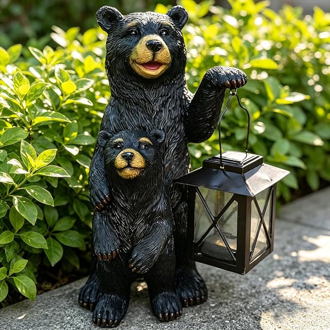 Black Bear Garden Statue with Solar Lantern, Bear Figurine Lights for Outside, Yard Garden Decor Unique Birthday Housewarming Gifts for Women, Mom