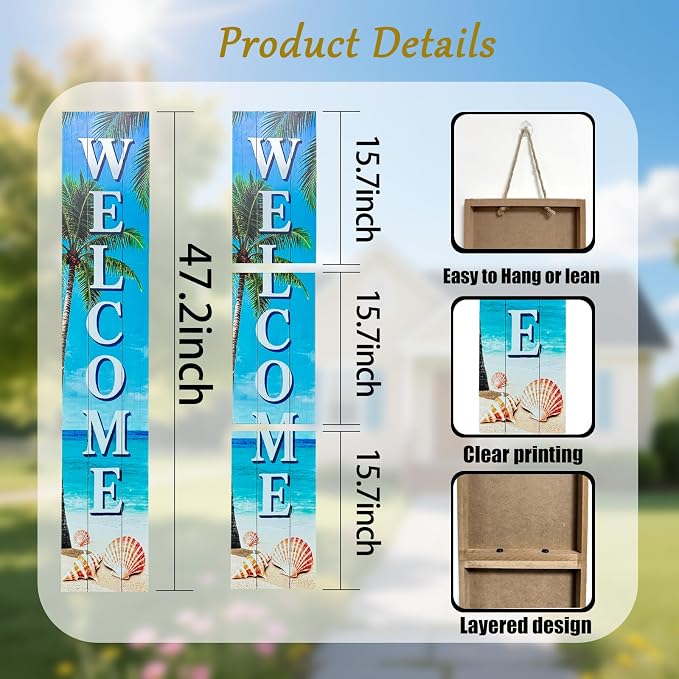 Vertical Wood Welcome Sign for Front Porch Vertical Decorative Sign Front Door Outdoor Indoor Welcome Sign 47.2x7.8 Inch Beach Shell Outdoor Decor for Welcome Front Porch Decorations.