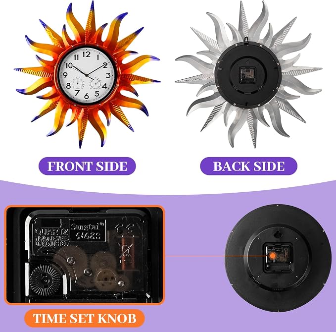 Large Sun Outdoor Clock with Thermometer & Hygrometer Combo, Silent No-Ticking Indoor Outdoor Wall Clock, Waterproof Quartz Clock for Patio,Kitchen, Living Room,Bathroom,Garden，25 Inch Violet
