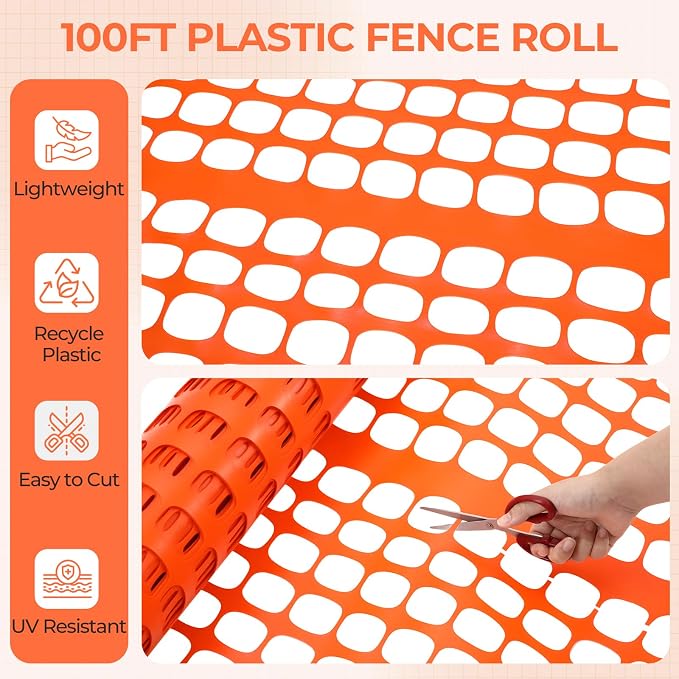 Ohuhu 15LB Ultra Thick Plastic Mesh Safety Fence, 4'×100' Reusable Construction Barrier Netting, Heavy Duty Temporary Netting for Garden Fence Snow Fence Pool Animal Barrier for Poultry Deer Orange