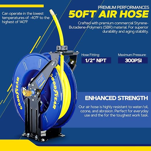 Goodyear Air Hose Reel Retractable 1/2" Inch x 50' Foot Long Premium Commercial Driven Sbr Hose Max 300 Psi Reinforced Steel Construction Heavy Duty Retractable Spring Industrial Dual Arm and Pedestal