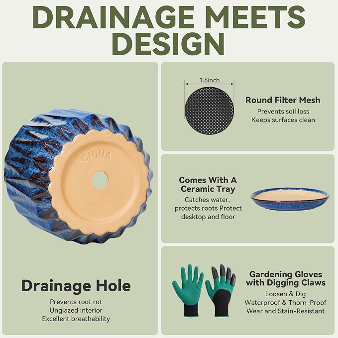 7.5 Inch Ceramic Planter Pot with Saucer Drainage Leak-Proof Mesh,Flower Pots for Indoor Plants with Gardening Gloves,Ceramic Planter(Peacock-Blue)