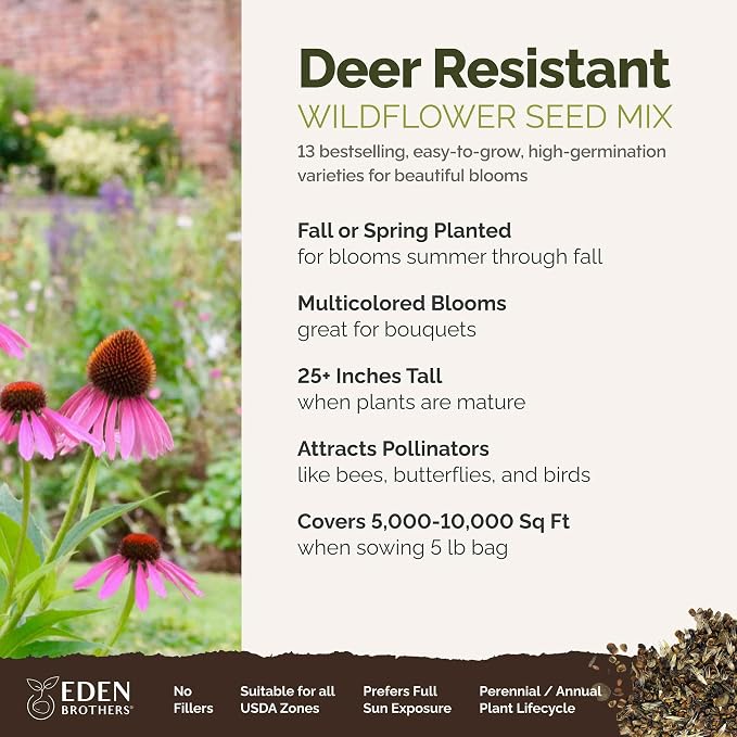 Eden Brothers Deer Resistant Wildflower Mixed Seeds for Planting, 5 lb, 2,400,000+ Seeds with Foxglove, Forget Me Not | Attracts Pollinators, Plant in Spring or Fall, Zones 3, 4, 5, 6, 7, 8, 9, 10