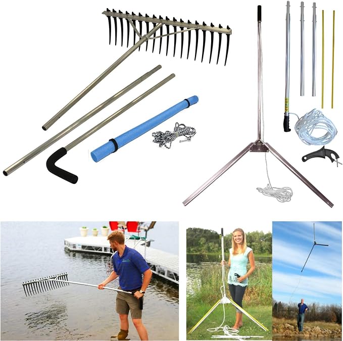 Lake Weed Cleanup Kit Aquatic Lake & Pond Weed Cutter 49" Razor Sharp Aquatic Lake Weed Cutter and RakeZilla Heavy Duty Lake Rake with Long Tines - Beach/Shoreline Cleaning Package