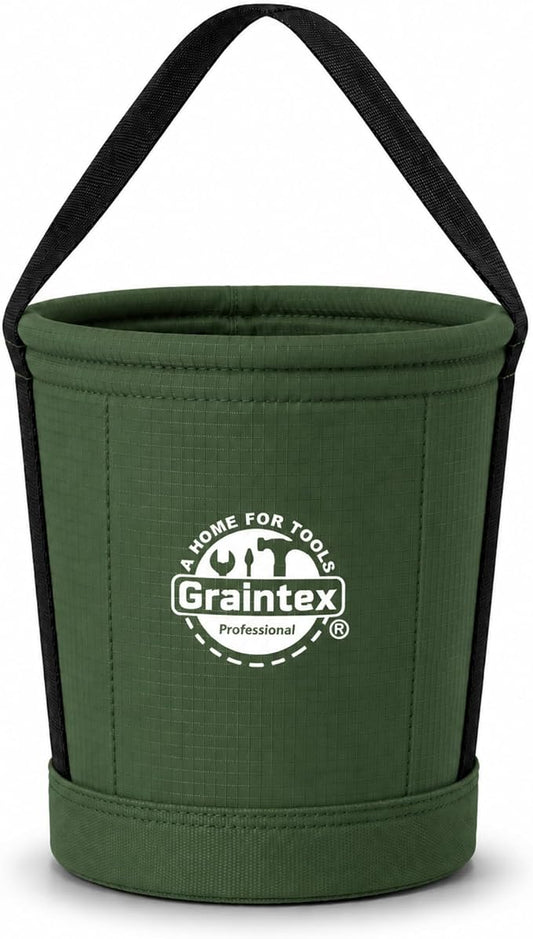 Graintex Tapered Canvas Bucket 12"x10"x15", Utility Tool Bucket 16 Inside Pockets, Reinforced Base & Carry Handle, Ripstop Canvas, Multi-Purpose Bag for Jobsite & Home Use for Tool Storage Solutions