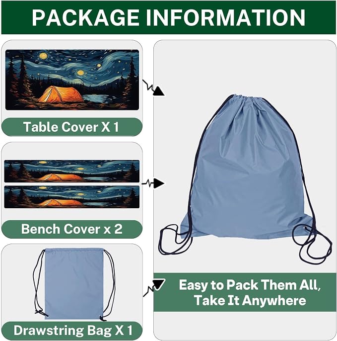 Picnic Table Cover with Bench Covers Elastic Edges, Art Camper Fitted Table Cover, Outdoor Patio Camping Essentials 72 Inch 3PCS, Waterproof Camping Fitted Tablecloth with Drawstring Bag