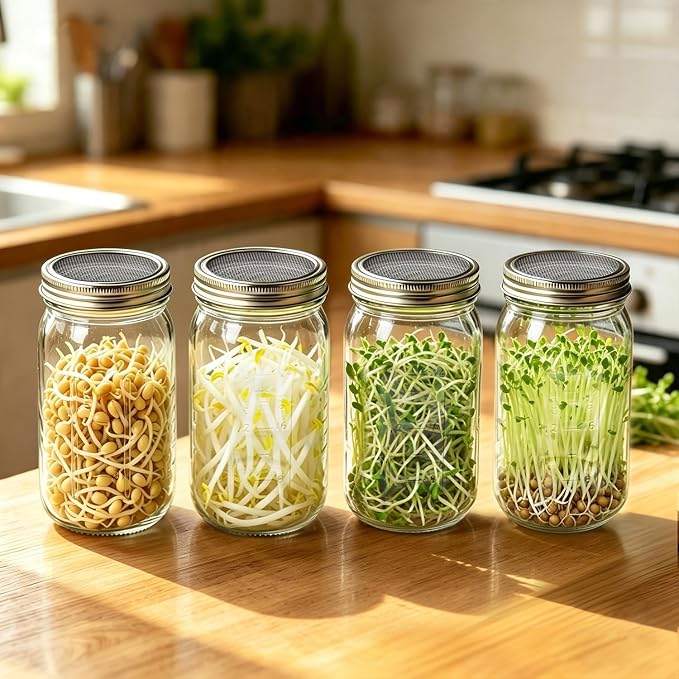 2PCS 1000ML Sprouting Jars with 86mm Wide Mouth Mason Jar with Stainless Steel Screen Sprout Lids,3.7X6.5 inches Sprouts Growing Kit,Organic Seed Sprouting Jar Kit