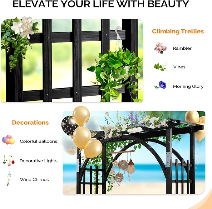 VINGLI 85in Wooden Arbor Garden Arch, Wedding Arch for Ceremony, Wood Trellis for Plant Climbing, Christmas Decor Pergola for Garden Backyard, Lawn (Black)