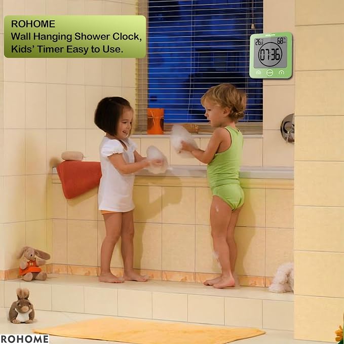 Digital Timer Waterproof Wall Clock, Kitchen Countdown Timer, Shower Clock with Temperature Humidity, Mirror Suction Cup Bathroom Timer, Wall Hanging for Bath Spa Basement Swimming Pool (Green)