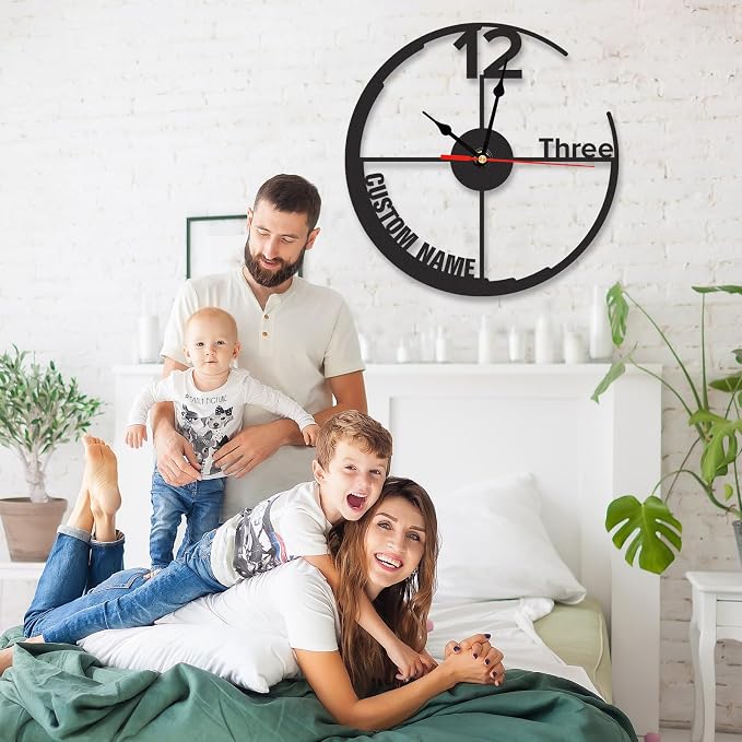 Personalized Outdoor Wall Clock, Custom Name Silent Non Ticking Clock, Battery Operated, Waterproof Modern Black Metal Wall Clocks for Patio, Pool, Garden, Living Room Decor, Housewarming Gift