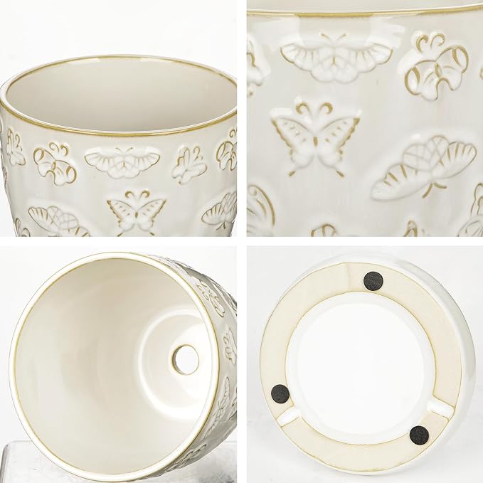 Hollyone Set of 3 White Ceramic Planter 6 Inch Flower Plant Pot with Drainage Hole and Saucer for Plants Embossed Indoor Outdoor Garden Embossed Ceramic Glazed Round Pot for Succulent Orchid