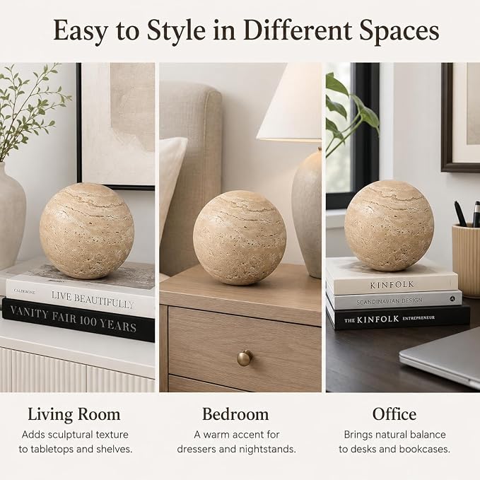 Natural Travertine Decorative Sphere, 4.72 Inch Stone Ball Decor, Hand-Polished Beige Orb Accent for Coffee Table, Console, Shelf and Living Room