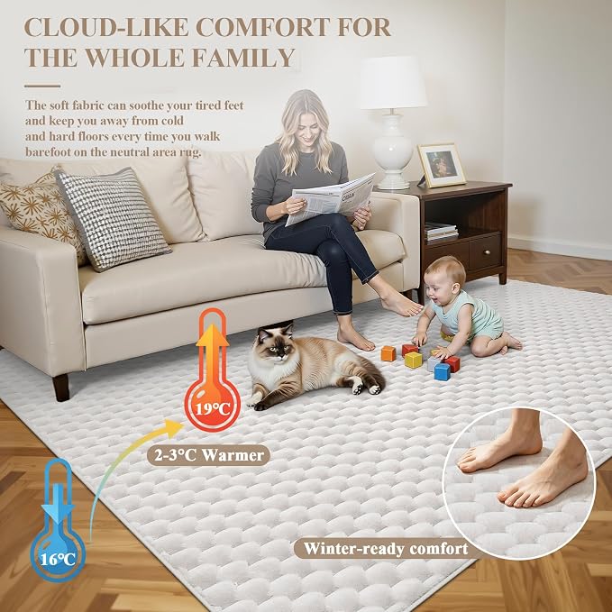 5x8 Area Rug for Living Room, White Washable 3D Bubble Bedroom Rug | Non Slip High Low Pile Hexagon Floor Mat for Dorm, Modern Soft Fluffy Carpet for Dining Room, Office and Nursery
