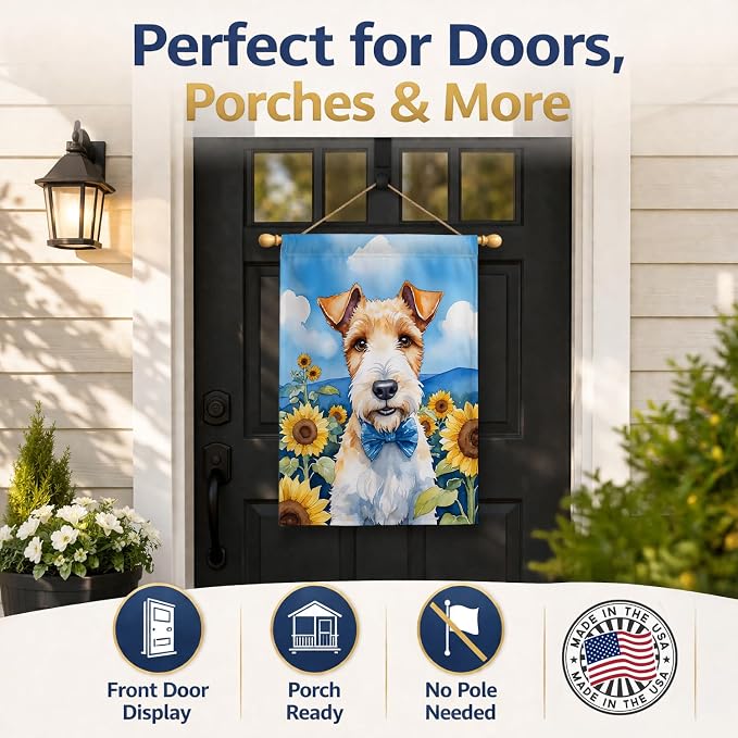Caroline's Treasures DAC6079CHF Fox Terrier in Sunflowers House Flag Large Porch Sleeve Pole Decorative Outside Yard Banner Artwork Wall Hanging, Polyester, House Size, Multicolor