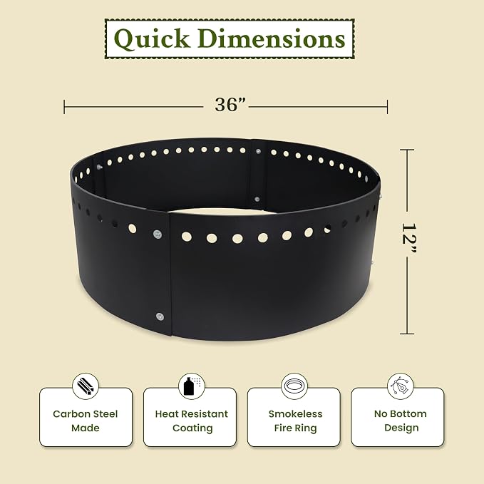 FEBTECH - 36" Fire Pit Ring for Outside - Round Steel Insert with 12" Height - Ideal for DIY Fire Pit Setup in Ground or Above Ground - Perfect for Backyard, Camping & Garden