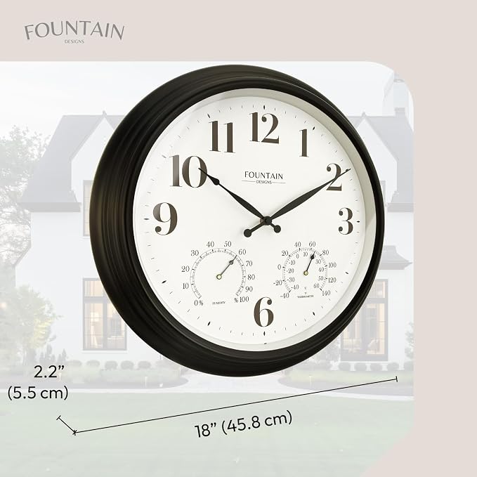 Maison 18 Inch Outdoor Clocks for Patio Large Waterproof with Thermometer,Outdoor Clock with Temperature and Humidity Combo,Weatherproof, Easy to Read,Oil Rubbed Bronze Black