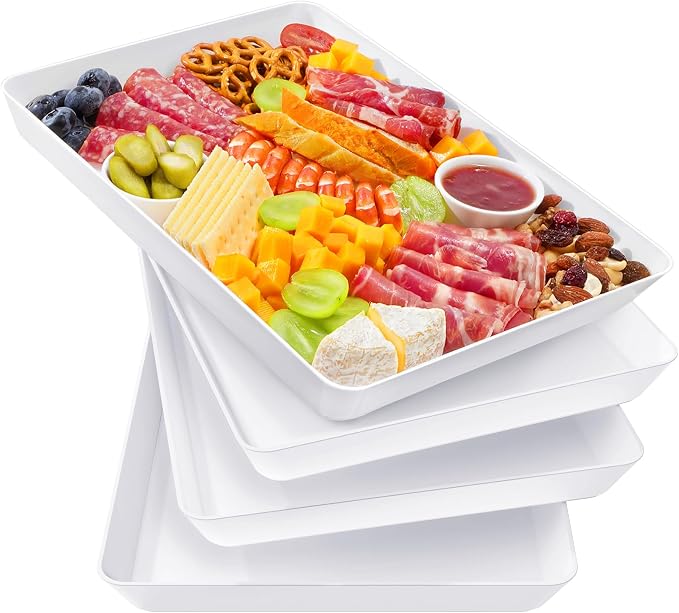 Lifewit 4 Pcs Extra Large Serving Tray for Party, 16" x 12" Reusable Plastic Food Serving Platter for Dessert, Fruit, Cookie, Appetizers & Charcuterie, BPA-Free White Catering Trays for Buffet Display