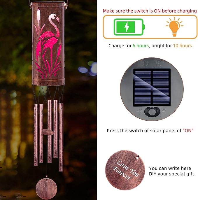FSVGYY Solar Wind Chimes Hanging Lights Outdoor Metal Wind Chimes Memorial Wind Chime for Garden/Patio Decor Gifts for Women, Grandma, Mom (30" Metal Chimes/Flamingo)