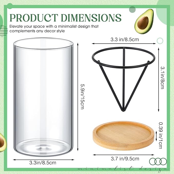 Baderke 6 Pcs Glass Avocado Tree Growing Kit Avocado Seed Starter Vase Planter Including Glass Vases with Wooden Bases and Metal Brackets for Indoor Outdoor Garden Office Decoration