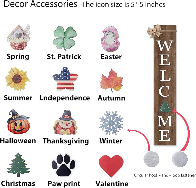 Interchangeable Welcome Sign for Front Door Standing 47"X8" with 12 Pcs Designed Icons Outdoor Front Porch Tall Garden Patio Signs Large Vertical Leaner Vertical Wood Frame Outside Decor (Wood)