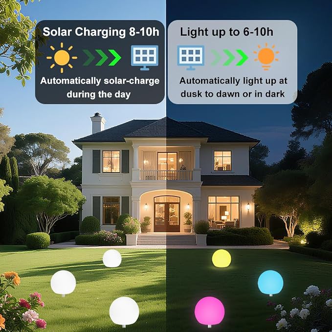 10-in Solar Orb Light, Waterproof Solar Globe Light Outdoor Dimmable RGB Color Changing Solar Garden Ball Light for Outside w/Remote, Landscape Lighting Mood Lamp w/Ground Stake for Yard Poolside Lawn
