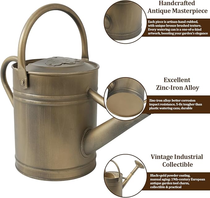 1 Gallon Galvanized Metal Watering Can, Retro Bronze Tone with Detachable Spout, Vintage Rustic Decorative Water Pot for Home Garden Indoor Outdoor Plants