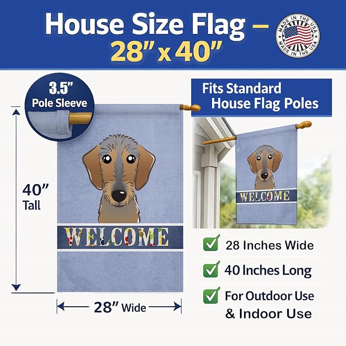 Caroline's Treasures BB1419CHF Wirehaired Dachshund Welcome House Flag, Blue Large Porch Sleeve Pole Decorative Outside Yard Banner Artwork Wall Hanging, Polyester, House Size, Multicolor