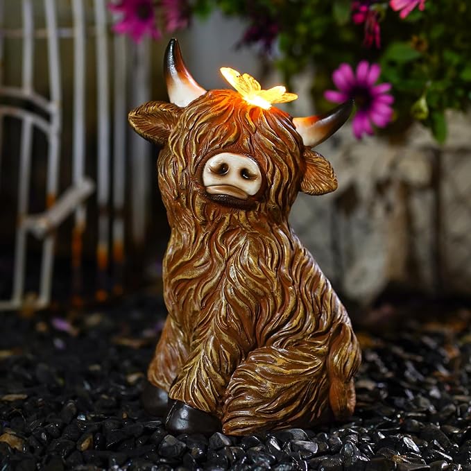 Solar Garden Statue Highland Cow Figurine | Outdoor Decoration with Butterfly for Garden Yard Lawn Home Decor Outside : Unique Gifts for Mom Grandma