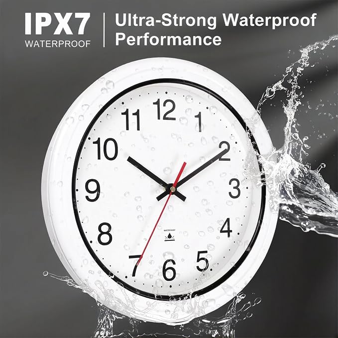 13 Inch Outdoor Full Waterproof Clock Bathroom Wall Clocks Waterproof Clocks for Patio Pool Garden Indoor Outdoor, White