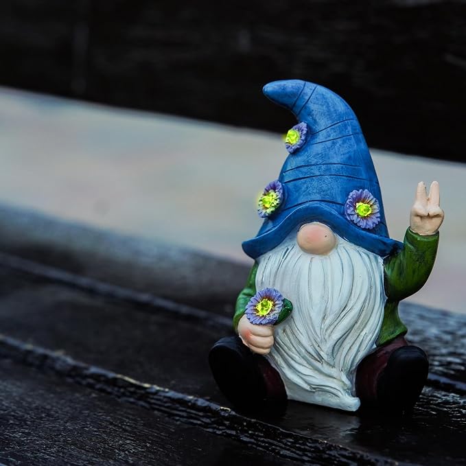 Blue Peace Yard Gnomes - Solar Statue, 11 Inch | Charges all day and lights itself after dark, no wires and no outlet to find. Hand-painted resin, built to live outside.