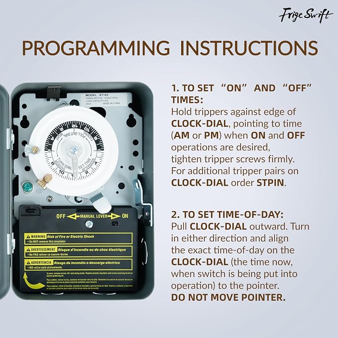 T103 40A 120V 24-Hour Mechanical Timer, DPST Switch with 12 ON/Off Cycles. for Defrost, Lighting, Irrigation，Indoor Use Only